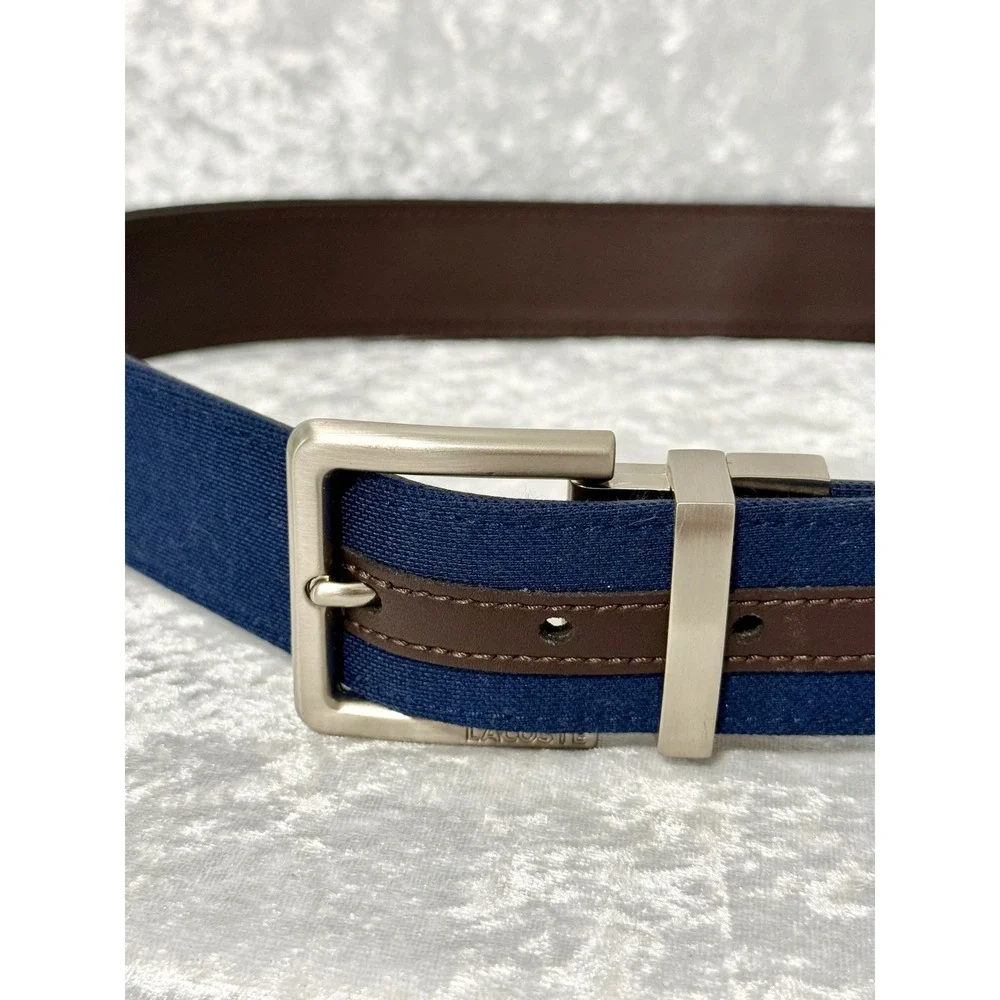 Lacoste Mens Reversible Belt Navy  Canvas Brown Leather Silver Buckle Logo Sz 32